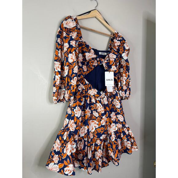 NWT Amur Medina Cutout Floral-Print Organic Stretch-Cotton Mini Dress Indigo - Picture 3 of 8